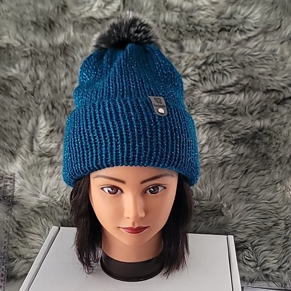 Blue Knit Beanie with Pom Pom